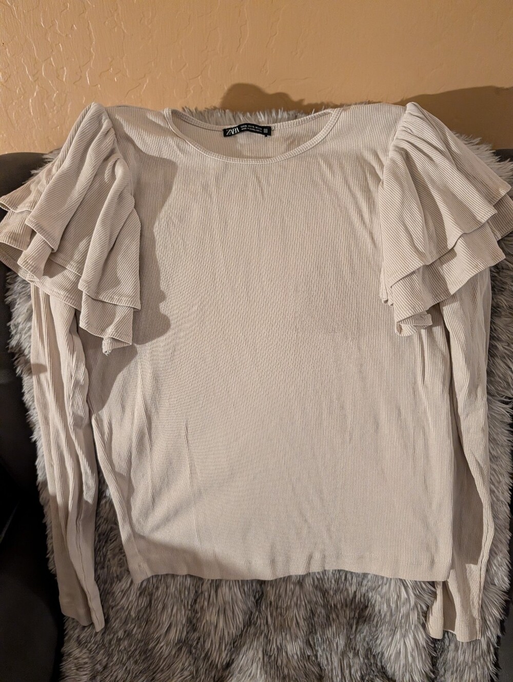 Zara Cream Layered Ruffle Long-Sleeve Ribbed Top